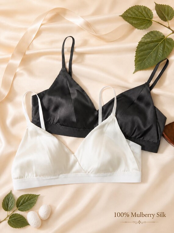 100% Mulberry Silk Bra — Soft Smooth Lightweight Comfort Lingerie — Womens