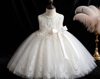Ivory Lace Flower Girl Dress with Satin Bow, Pearl Beaded Princess Ball Gown, Christening Baptism Dress, Toddler Wedding Party Dress