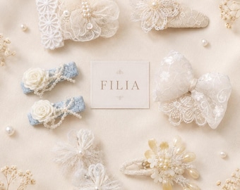 Toddler Lace Flower Hair Clips, Pearl Tulle Baby Bows, Heirloom Cottagecore Style