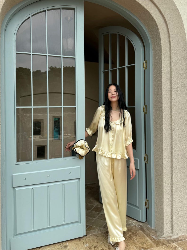 Soft Yellow Mulberry Silk Pajama Set Short Sleeve, Summer Silk Sleepwear, pajama set women, yellow silk pjs, yellow silk pajamas image 3