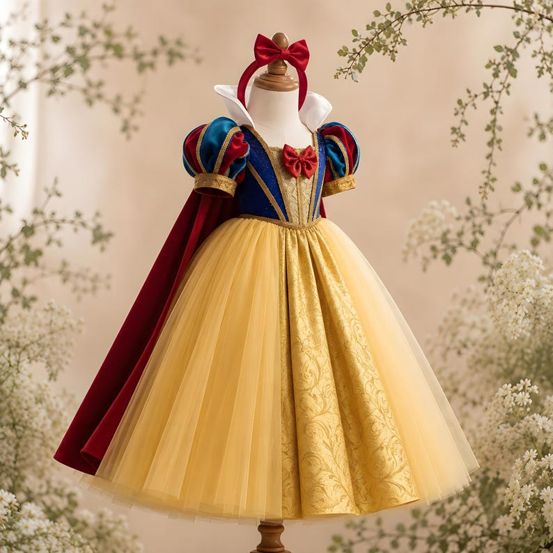 Fast 3-5 Day Delivery - Girls Snow White Princess Dress with Red Cape & Headband, Toddler Halloween Costume Ball Gown, Fast US Shippin image 4