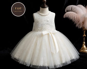 Ivory Lace Flower Girl Dress, Pearl Beaded Bodice, Satin Bow Ball Gown