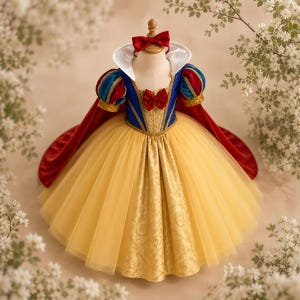 Fast 3-5 Day Delivery - Girls Snow White Princess Dress with Red Cape & Headband, Toddler Halloween Costume Ball Gown, Fast US Shippin image 1