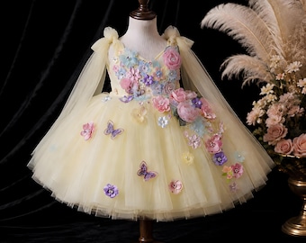 Butter Yellow Tulle Flower Girl Dress, 3D Flowers Butterflies, Princess Ball Gown, Photoshoot Party, first birthday dress, yellow dress
