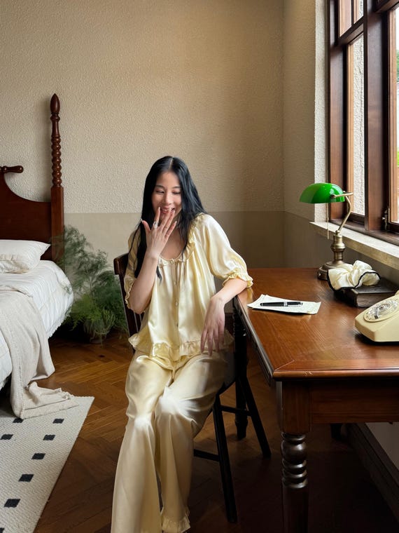 Soft Yellow Mulberry Silk Pajama Set Short Sleeve, Summer Silk Sleepwear