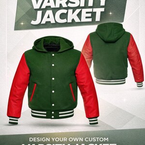 Men’s Hooded Vintage Wool Varsity Jacket – Green & Red Leather Letterman Jacket, Retro Streetwear