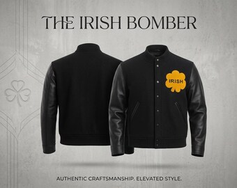 Men’s Handmade Wool Letterman Jacket Black Leather Sleeves – Irish Patch Varsity Bomber, Streetwear Coat