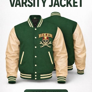 Custom Men's Biker Varsity Jacket - Genuine Cowhide Leather Sleeves Wool Body - Moto Bomber Jacket