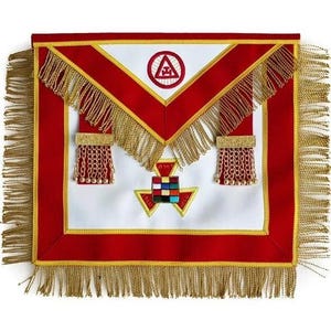 Grembiule cerimoniale da ex sommo sacerdote massonico dell'Arco Reale, con ricami a mano in filo d'oro e finiture in velluto rosso scarlatto, set di insegne cerimoniali Leatherstow