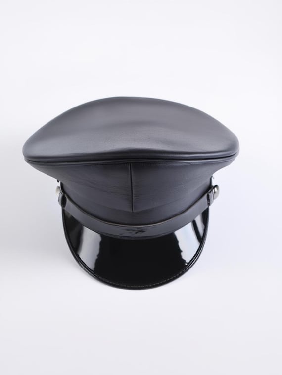 Genuine Leather Police-style Cap – Black Muir Peaked Biker Hat