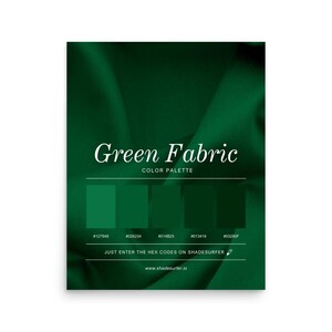 Affiche palette de couleurs en tissu vert, conception de codes hexagonaux, impression d'art mural coloré