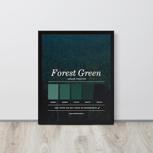 May include: A framed print featuring a forest scene with a color palette labeled "Forest Green." The palette displays five shades of green with corresponding hex codes. The text "Just enter the hex codes on Shadesurfer" is also included.