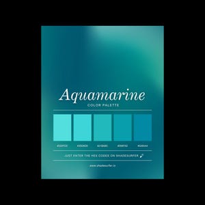 以下が含まれることがあります： ターコイズとアクアマリンのカラーパレットのグラフィック。筆記体で「Aquamarine」の文字が書かれています。その下に、対応する16進コードを持つ5つのカラーサンプルがあります。「JUST ENTER THE HEX CODES ON SHADESURFER」というテキストが一番下にあります。