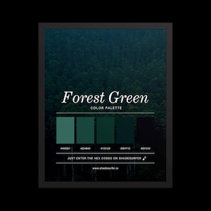 May include: Framed print with a forest backdrop and a "Forest Green" colour palette. The palette shows five shades of green with hex codes. Text prompts users to enter the hex codes on shadesurfer.io.