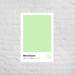 May include: A poster displaying the colour mint green, with its name, HEX code, and RGB values in white text. The poster features a large rectangle of mint green, a pale, refreshing shade of green.
