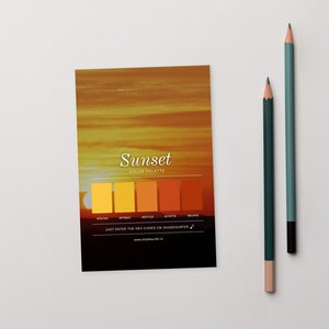 May include: A "Sunset" colour palette card featuring a sunset image and colour swatches. The card includes the text "Just enter the hex codes on shadesurfer" and two pencils.