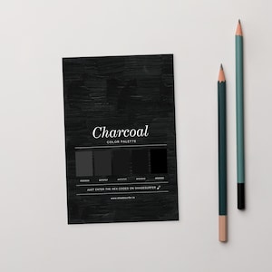 May include: A black charcoal colour palette card with the text "Charcoal COLOR PALETTE" and hex codes. Two pencils, one teal and one dark green, are positioned to the right of the card. The website address is also included.
