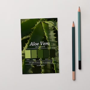 May include: A colour palette card with the text "Aloe Vera" and a gradient of green hues. Two pencils, one teal and one dark green, are positioned to the right of the card. The card also includes the text "Just enter the HEX codes on shadesurfer.io".