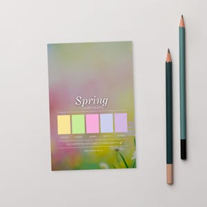 May include: A colour palette card labelled "Spring COLOR PALETTE" with pastel colour swatches and two pencils. The card features yellow, green, pink, blue, and purple hues. Text at the bottom reads "JUST ENTER THE HEX CODES ON SHADESURFER".