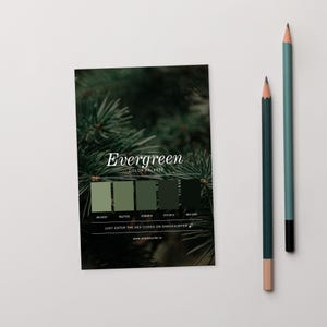 May include: A colour palette card titled "Evergreen" with a background of evergreen needles. The card displays five shades of green with their hex codes. Two pencils, one dark green and one teal, are positioned to the right of the card.