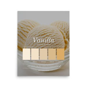May include: A poster featuring scoops of vanilla ice cream in a glass bowl. The text "Vanilla COLOR PALETTE" is displayed above a color palette with hex codes. The bottom of the poster reads "JUST ENTER THE HEX CODES ON SHADESURFER" and the website address.