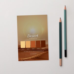 May include: A "Desert" colour palette card with a desert landscape image and five colour swatches. The card includes the text "Just enter the HEX codes on shadesurfer". Two pencils, one teal and one dark green, are positioned to the right.