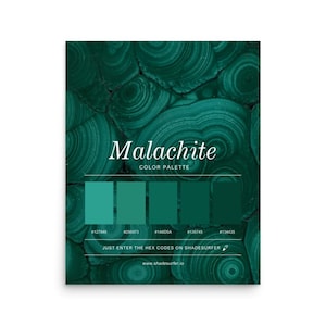 Póster con paleta de colores malaquita, diseño de códigos hexadecimales, lámina decorativa de pared en verde intenso.