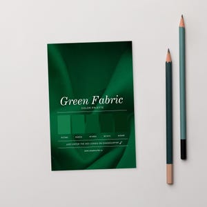 Ansichtkaart groene stof kleurenpalet, referentiekaart staal, ontwerp met hexadecimale codes