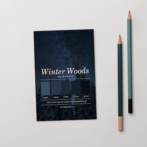 May include: A colour palette card titled "Winter Woods" with a dark blue starry sky background and a row of blue colour swatches. Two pencils, one green and one teal, are positioned to the right of the card.