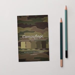 May include: A card featuring a camouflage pattern and the word "Camouflage". Below, a colour palette shows various shades of green and brown. Two pencils, one teal and one dark green, are placed to the right.