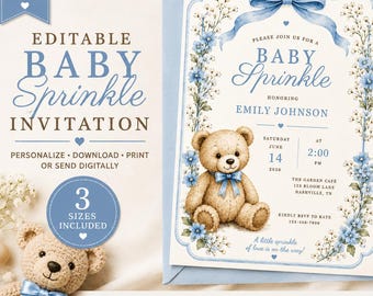 Blauwe teddybeer baby strooi uitnodiging sjabloon, jongen baby strooi uitnodiging, bewerkbare canvas sjabloon, teddybeer babyshower, babyjongen