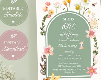 Wildflower eerste verjaardagsuitnodiging, boho bloemencanva sjabloon (digitale download)