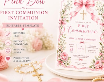 Roze strik uitnodigingssjabloon eerste communie, bewerkbare eerste communie, katholieke communie, bloemen religieus, afdrukbare communiekaart