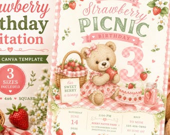 Verjaardagsuitnodiging aardbei picknick, bewerkbare canvassjabloon, elke leeftijd Berry Sweet Party