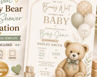 Sjabloon babyshower neutrale teddybeer, bewerkbare canvas babyshower uitnodiging, babyshower beer, genderneutraal babyshower