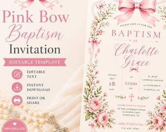 Roze strik doop uitnodigingssjabloon, bloemen doopuitnodiging, doopsel babymeisje uitnodigen, bewerkbare toewijdingsuitnodiging