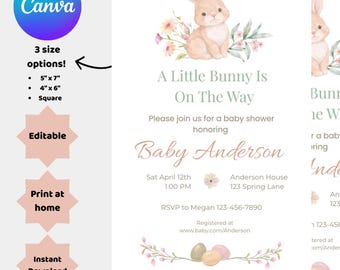 Uitnodiging babyshower konijn | Bewerkbare canva-sjabloon (digitale download)