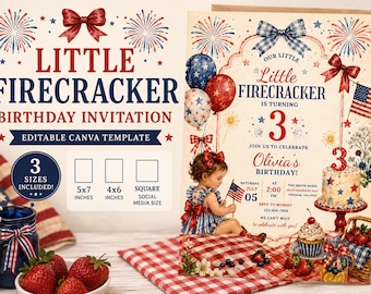 Sjabloon voor kleine voetzoeker verjaardagsuitnodiging, 4 juli verjaardagsuitnodiging, patriottische verjaardagsfeestje, bewerkbare Canva-uitnodiging