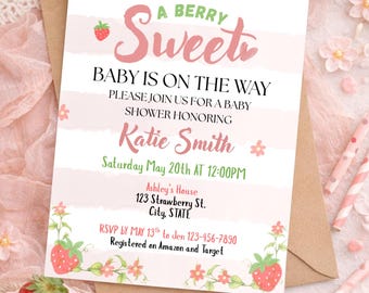 Uitnodiging Zoete baby van Berry is onderweg | Baby showeruitnodiging aardbei | Bewerkbare canvassjabloon | Afdrukbaar of digitaal