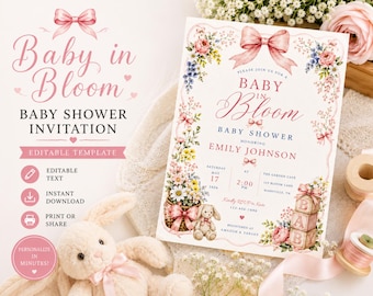 Baby in bloei babyshower uitnodiging sjabloon, bloemen babyshower uitnodiging, roze strik babyshower uitnodiging, bewerkbare babyshower uitnodiging