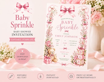 Uitnodigingssjabloon babystrooisel, roze strik babyshoweruitnodiging, babymeisje strooi uitnodigen, bewerkbare babyshower, bloemen babystrooisel