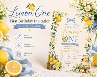 Sjabloon citroen één eerste verjaardagsuitnodiging, citroen één verjaardagsuitnodiging, Little Lemon verjaardagsfeestje, bewerkbare eerste verjaardagsuitnodiging
