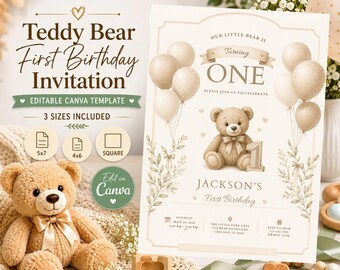 Sjabloon eerste verjaardag uitnodiging teddybeer, beer verjaardagsfeestje uitnodigen, bewerkbare canvas sjabloon, neutrale teddybeer 1e verjaardag