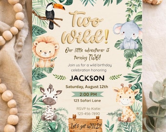 Twee wilde verjaardagsuitnodiging | Jungle Safari-thema (bewerkbare canvassjabloon)