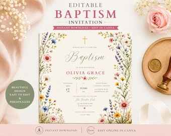 Bewerkbare sjabloon voor doopuitnodiging, doopsel met wilde bloemen, bloemendoop, doopsel babymeisje uitnodigen, Canva-sjabloon direct downloaden