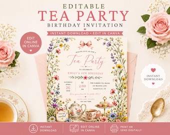 Sjabloon Tea Party verjaardagsuitnodiging, bewerkbare Tea Party uitnodiging, bloemen verjaardag, Garden Tea Party verjaardag, roze strik canvas sjabloon