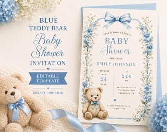 Sjabloon uitnodiging babyshower blauwe teddybeer, bewerkbare babyshower voor jongens, afdrukbare teddybeer, babyshower blauwe bloemen, direct downloaden