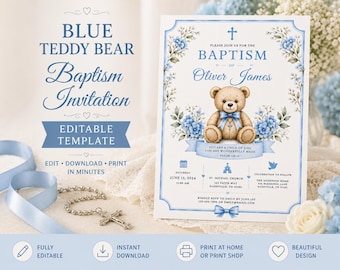 Sjabloon doopsel uitnodiging blauwe teddybeer, bewerkbare jongensdoop, afdrukbare doopuitnodiging, doopsel babyjongen, Instant Download