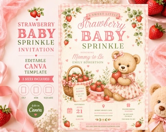 Uitnodiging aardbei babystrooisel, bewerkbare sjabloon voor teddybeerdouche (digitale download)