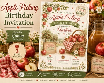 Sjabloon appel plukken verjaardagsuitnodiging, bewerkbare canvas uitnodiging, appelboomgaard verjaardagsfeestje, herfstverjaardag, appel thema verjaardag